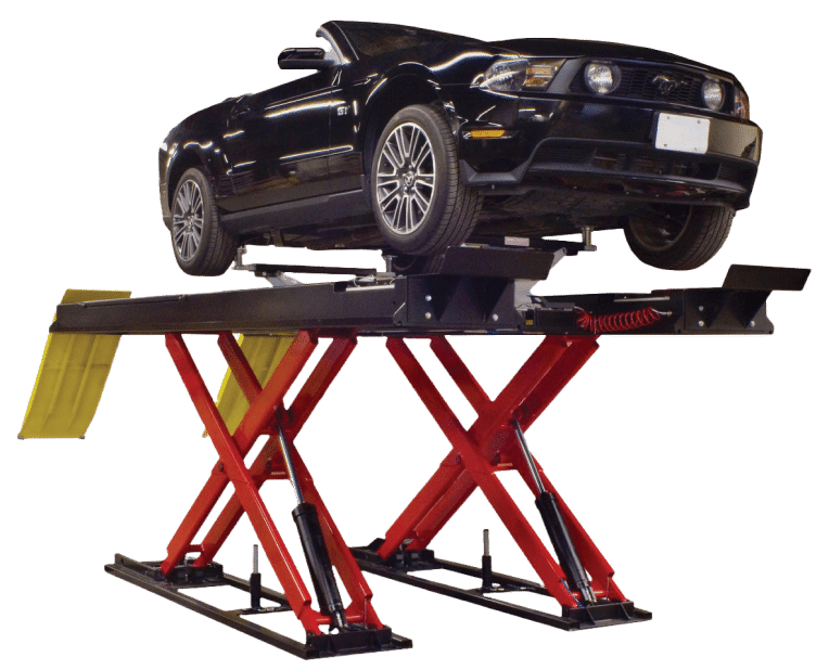 A black car is jacked up while on a standard length Coats alignment scissor lift