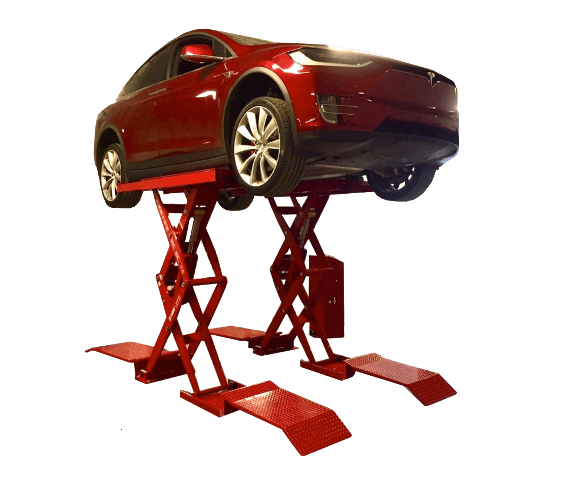 A red tesla sits on a coats 10k double scissor lift colored red
