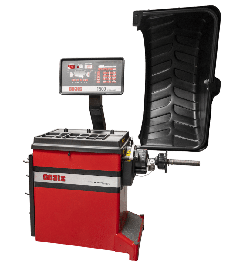 A red tire changer with a black safety hood and capacitive touch LED screen