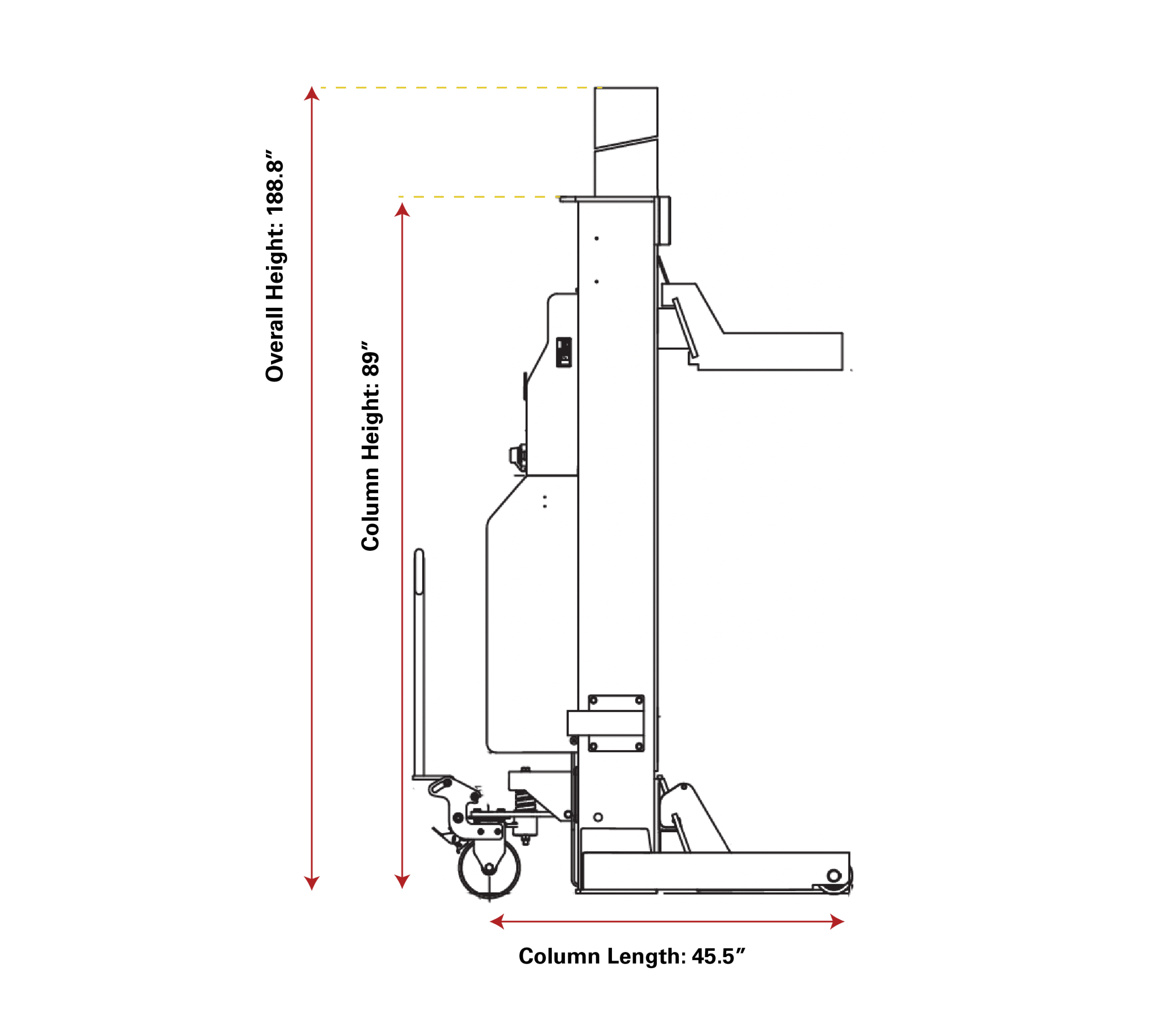 A CAD diagram illustrating the height, width, and depth dimensions of a single Coats Mobile Column Lift