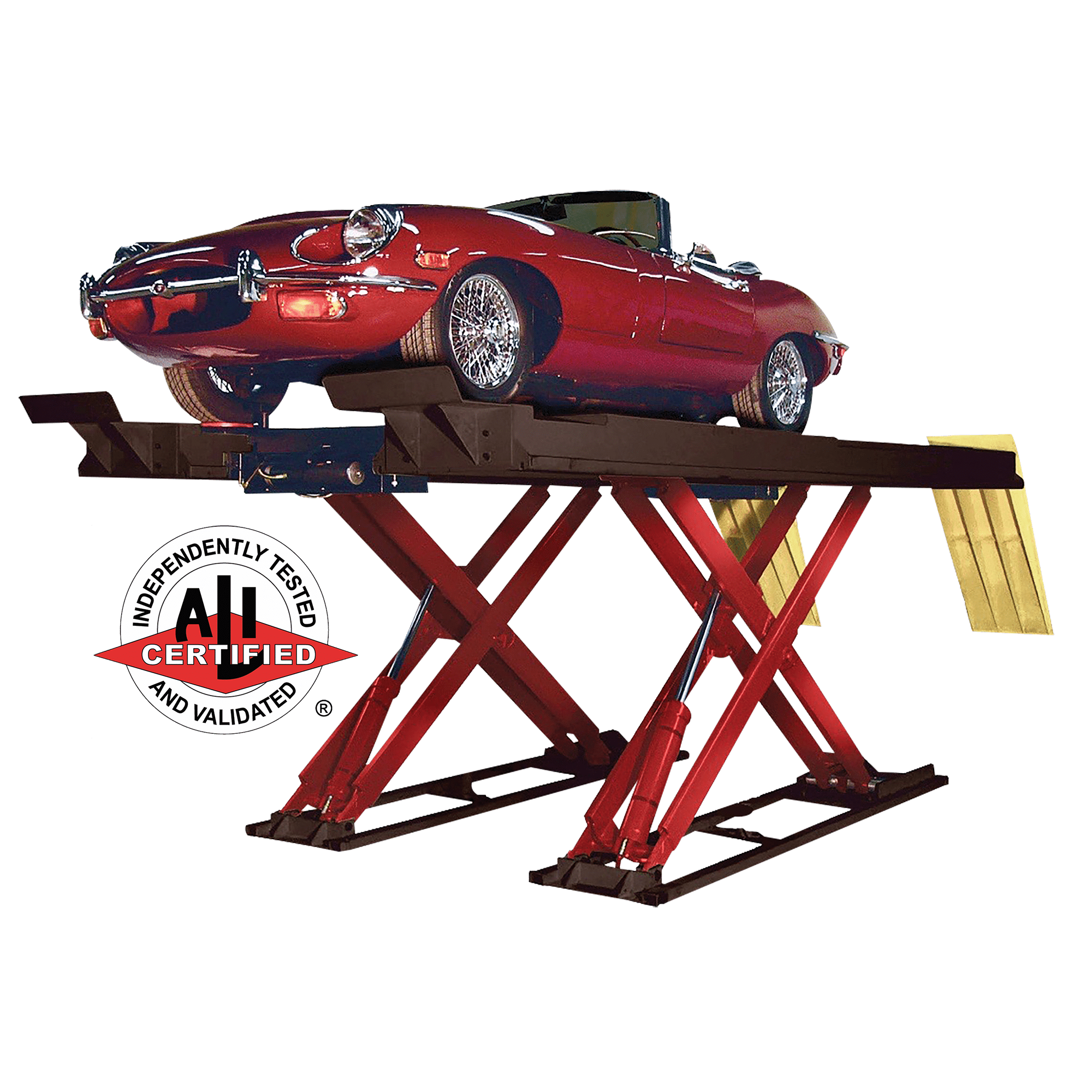 A red convertible is raised on a black and red Coats 14K alignment scissor lift with a white and red logo on the right that says “ALI Certified”