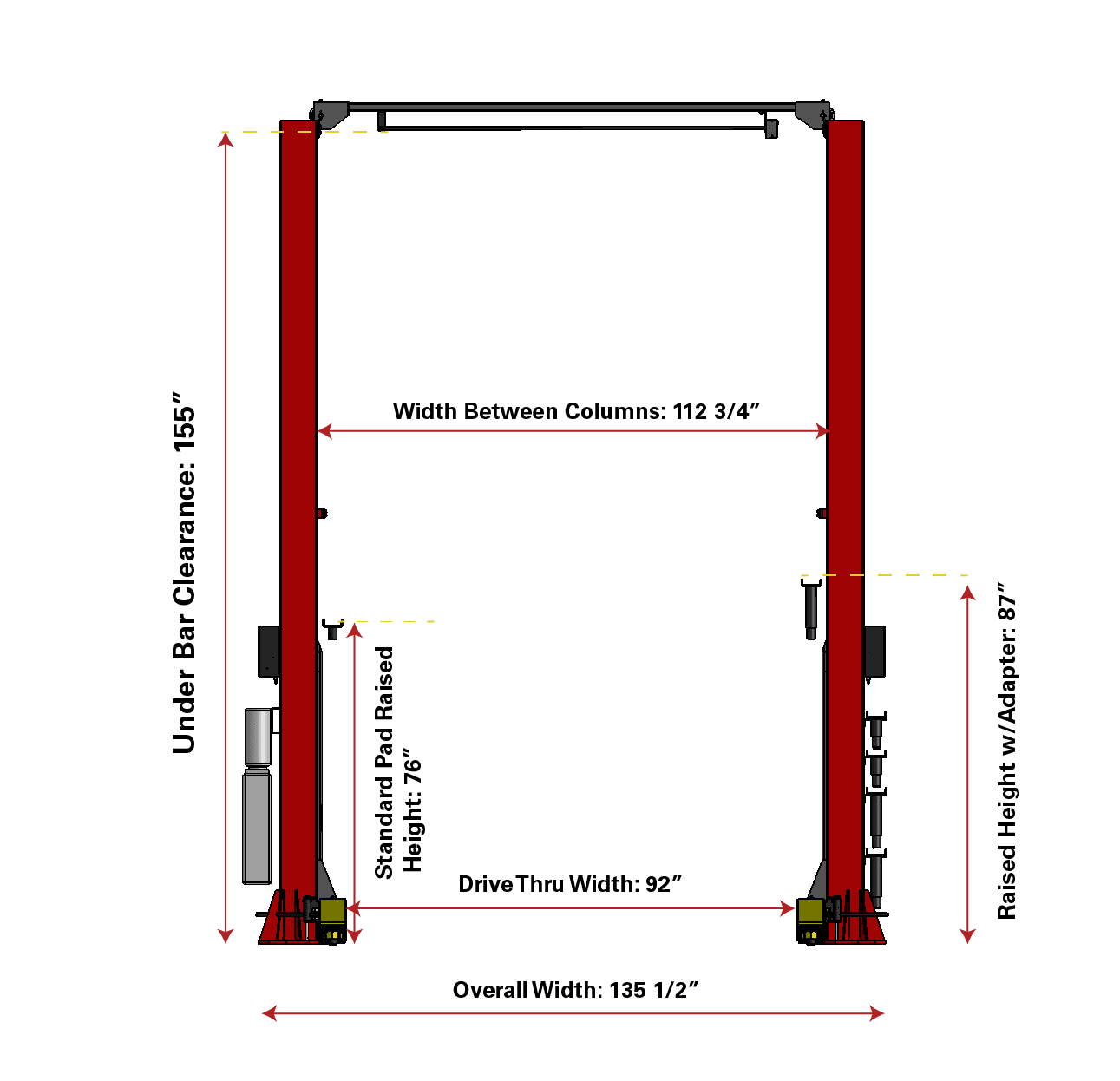 A color CAD drawing showing the width, depth, and height dimensions of a standard Coats 10K 2N1 two post lift