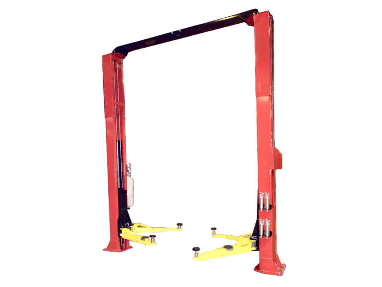 A hero shot of a red colored, Coats two post lift with yellow lift arms and circular adapters on the arms