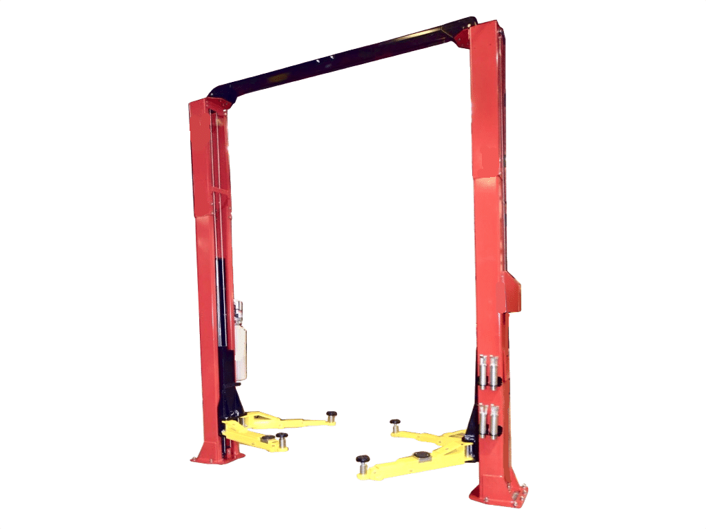 A hero shot of a red colored, Coats two post lift with yellow lift arms and circular adapters on the arms