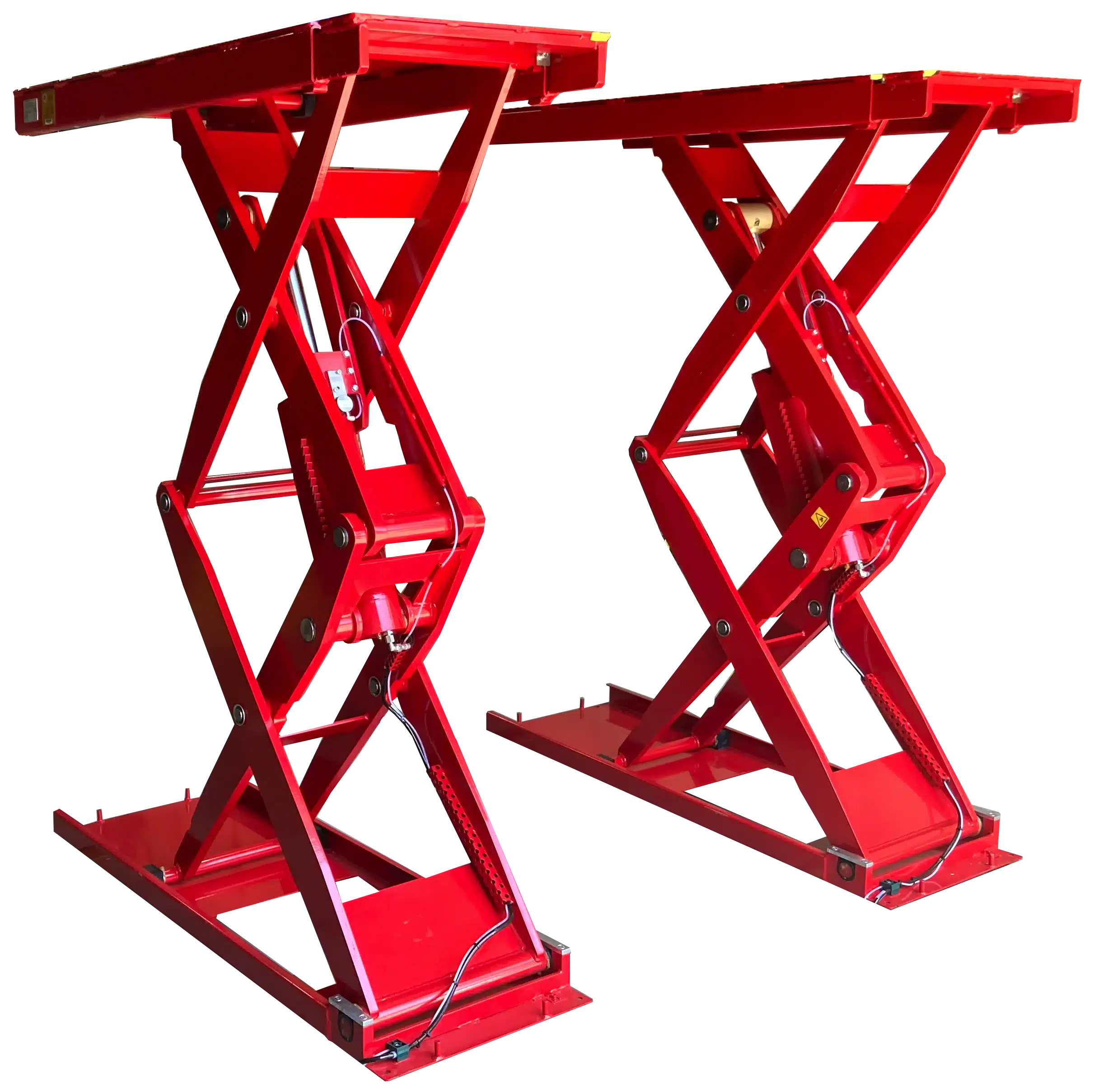 A red, Coats 10K dual rise scissor lift is raised with no vehicle