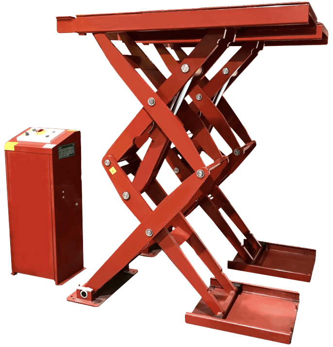 Red surface mount variation of the 10k double scissor lift with control panel stand behind it