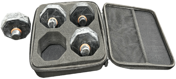 4 octagonal pucks in a grey protective case