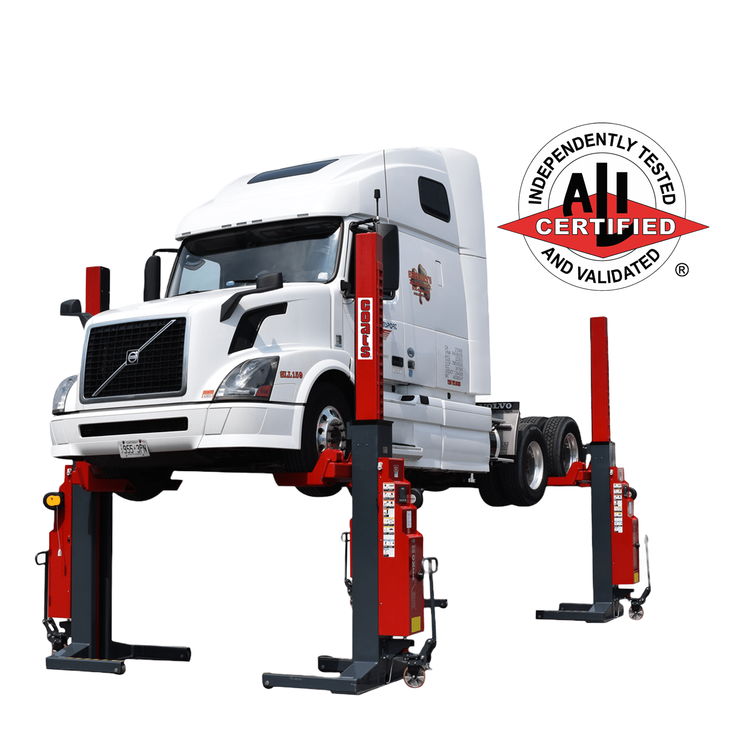 Logo that says “Independently Tested and Validated” in an outer white circle, and a centered red diamond in the circle says “ALI Certified” is placed next to a mobile column lift with a semi truck on top