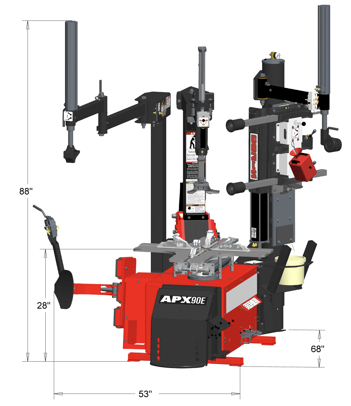 A black and red CAD drawing of the APX 90 is labeled with the height, depth, and width of the tire changer