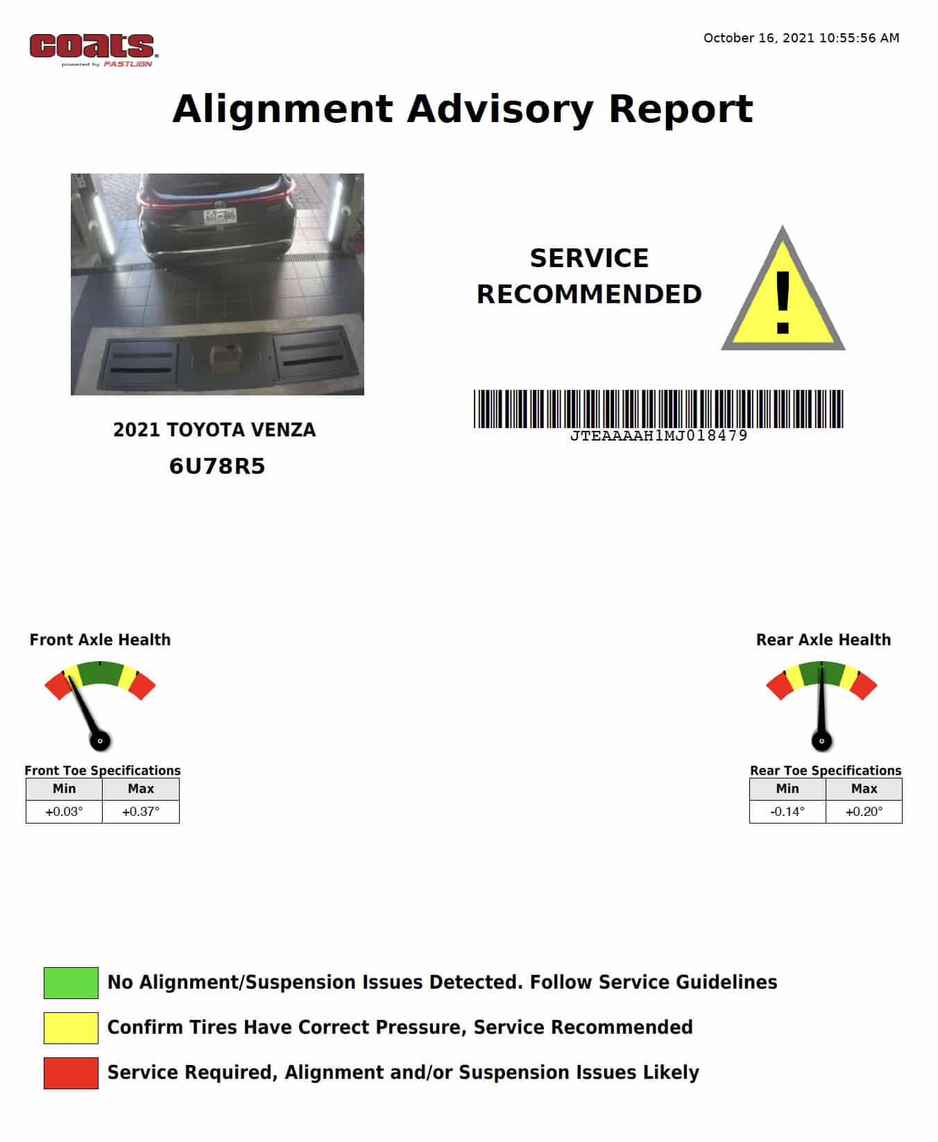 A pdf printout titled “Alignment Advisory Report” shows that the car that drove through the alignment towers have a “Service Recommended” alert. The report also shows the front and rear axle health