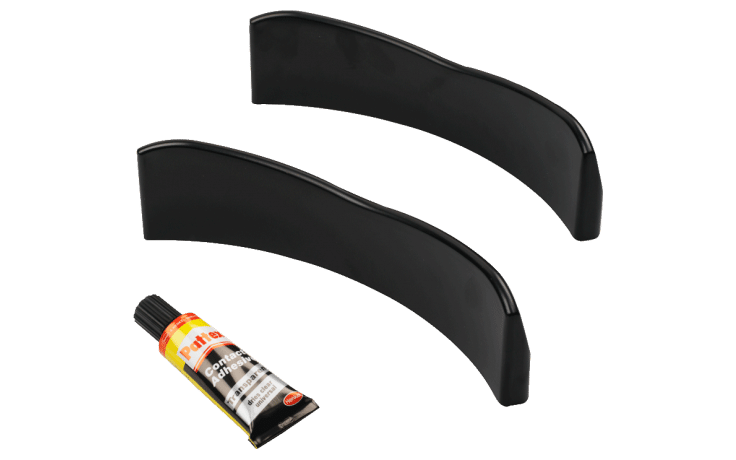2 black, rubber-material bead loosener shovel covers with an included tube of adhesive