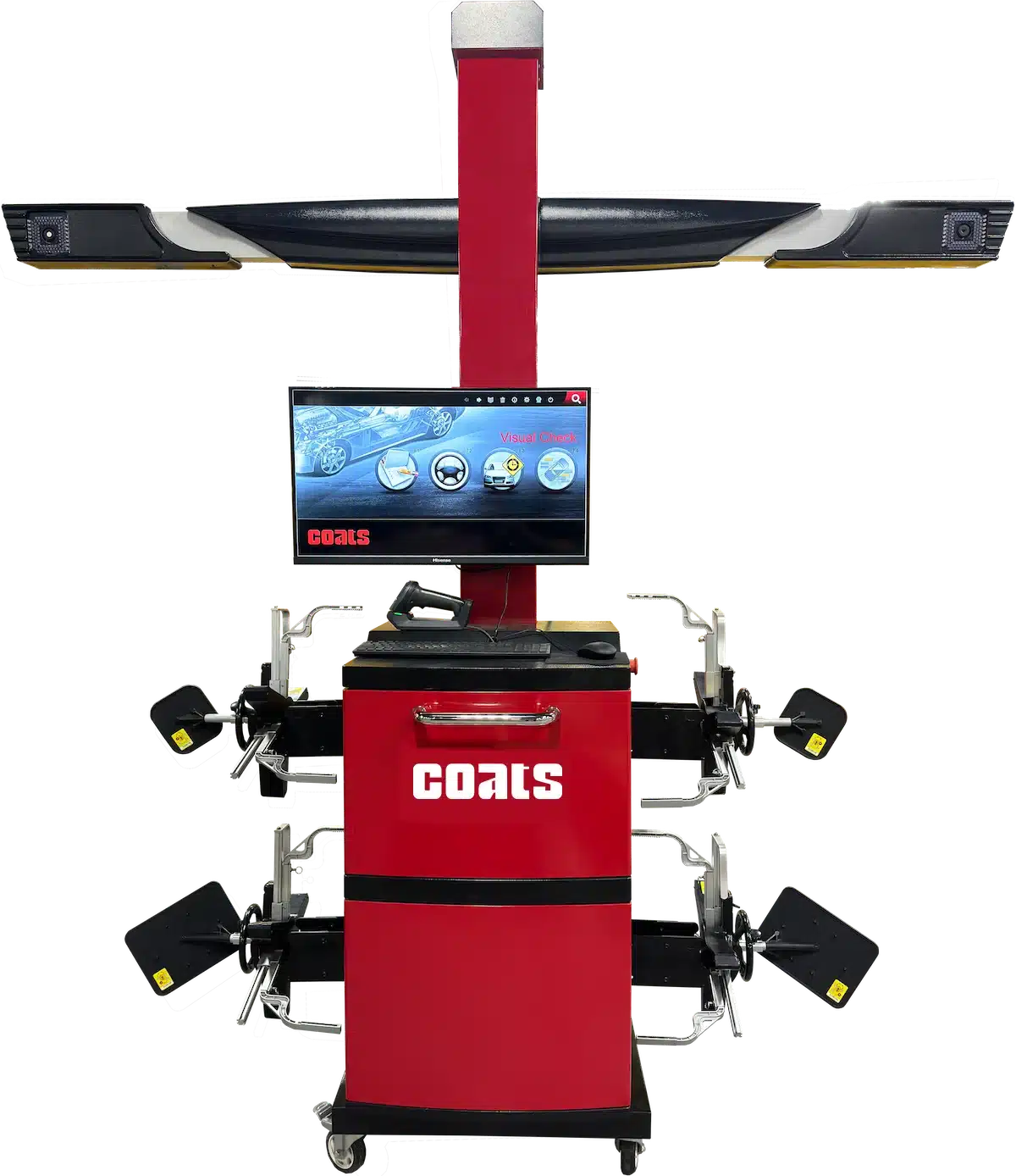 Front view of a red, Coats alignment machine CWA6600