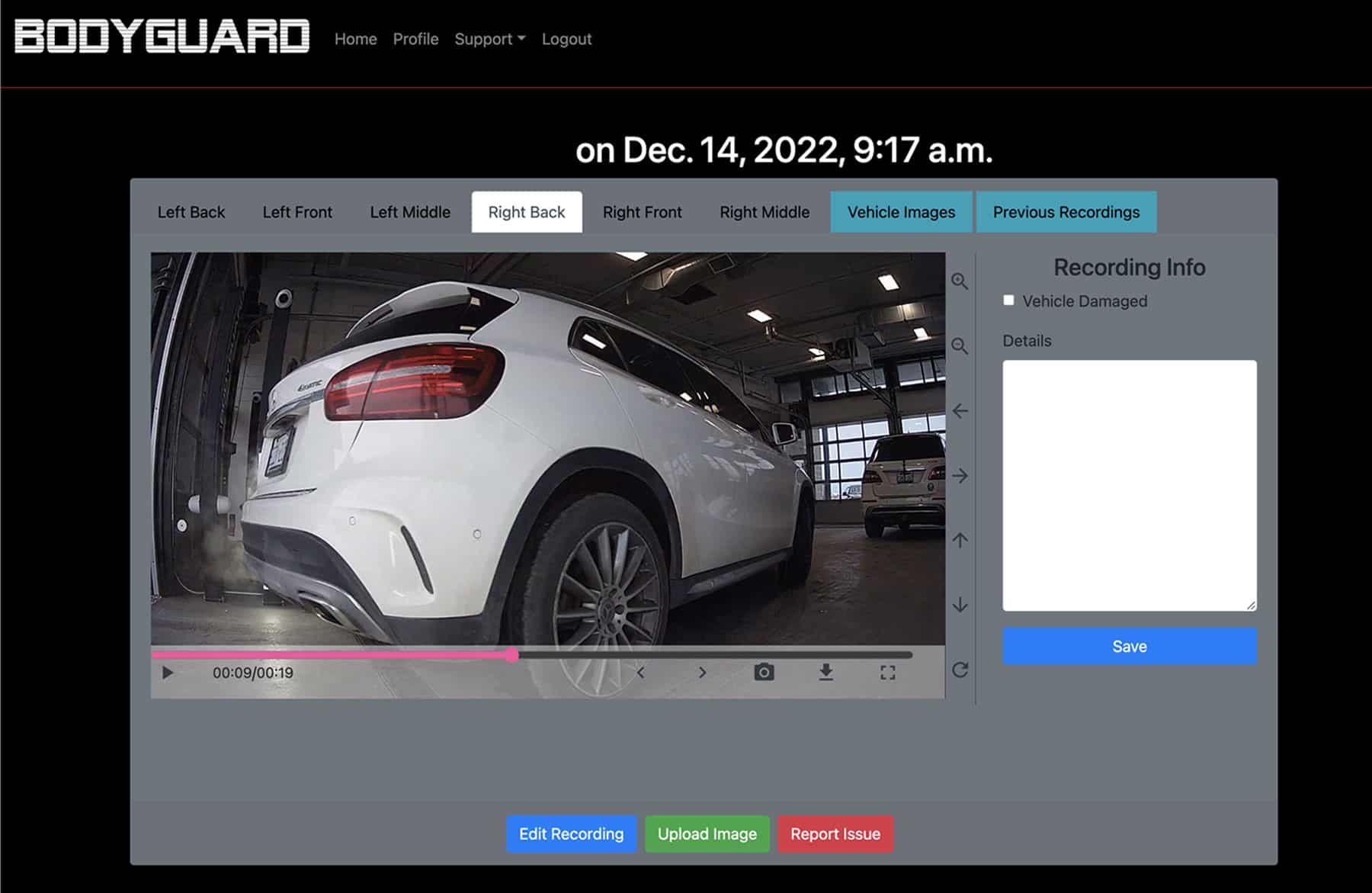 A desktop view of the Bodyguard interface shows a live feed of a white mercedez benz that pulled into a dealership service bay