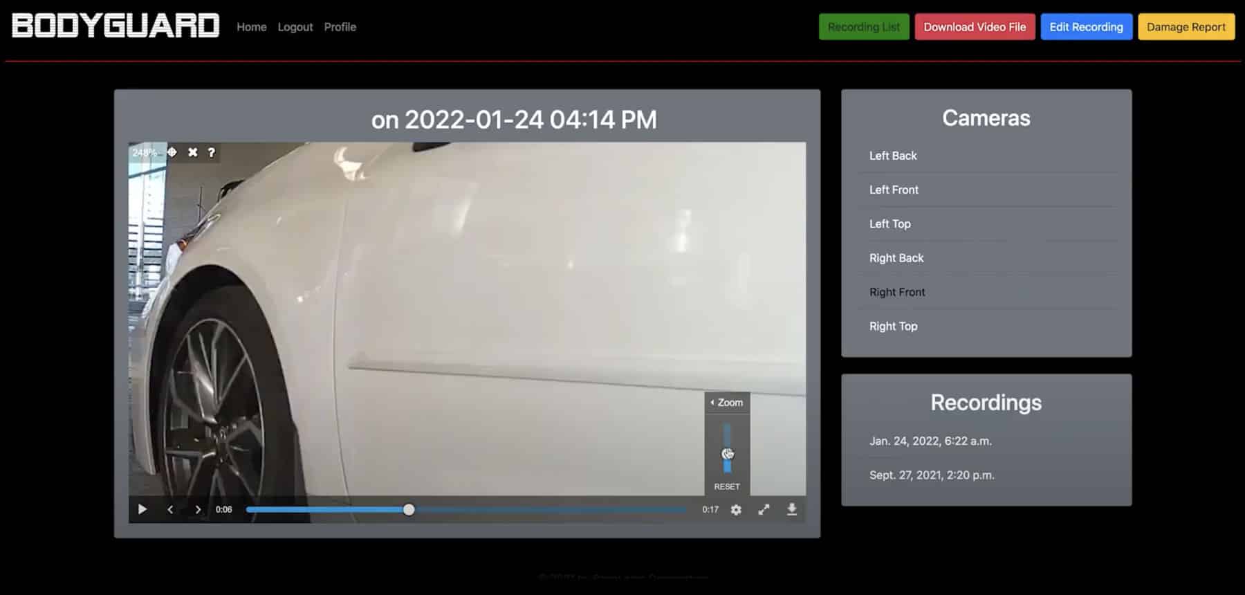A desktop view of the Bodyguard interface shows the mouse cursor dragging the zoom feature to zoom in on the camera feed filming a white SUV.