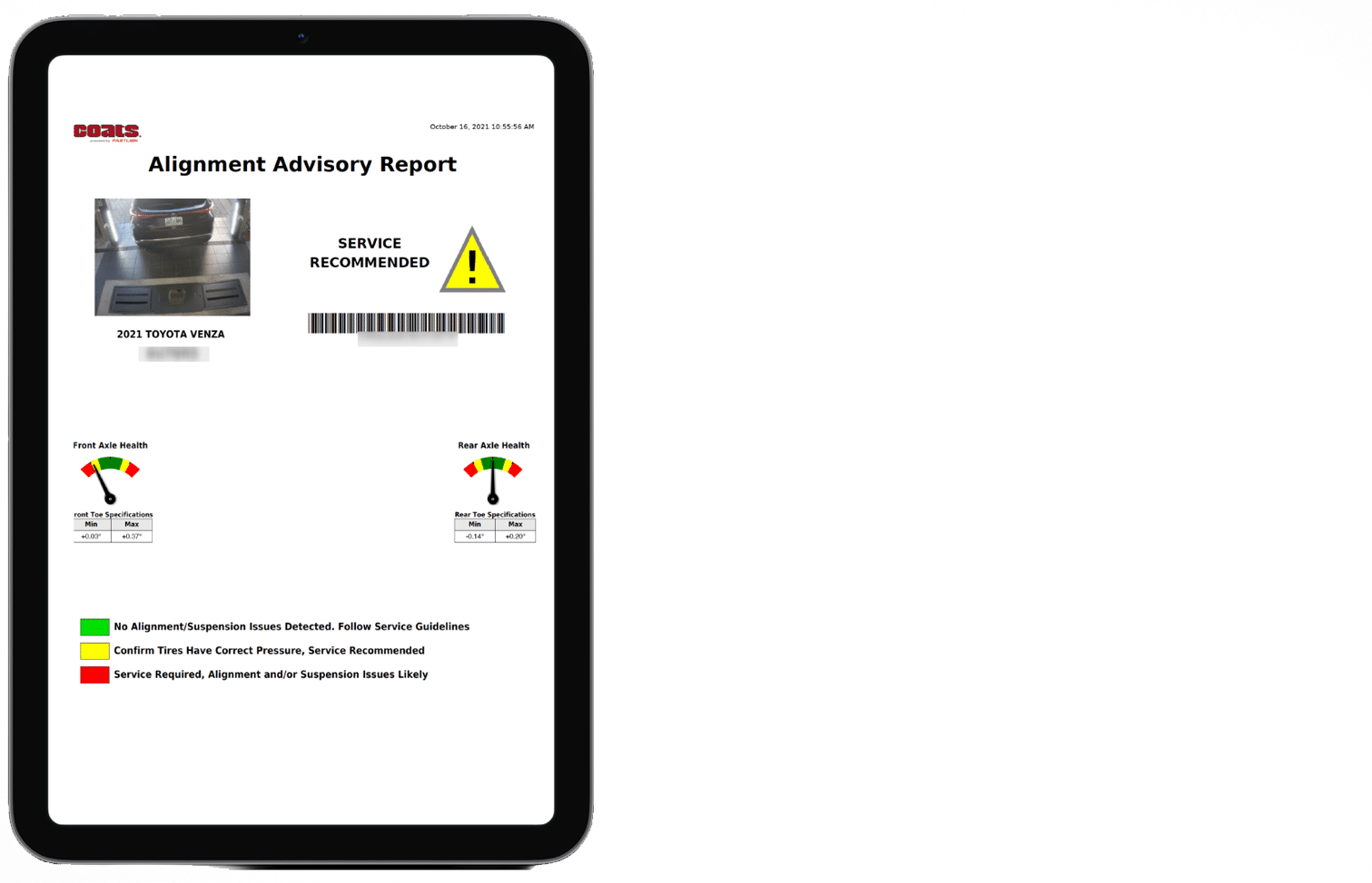 A tablet shows the “Alignment Advisory Report” detailing the health of the front and rear axles and that the car which drove through the inspection lane is recommended for an alignment service