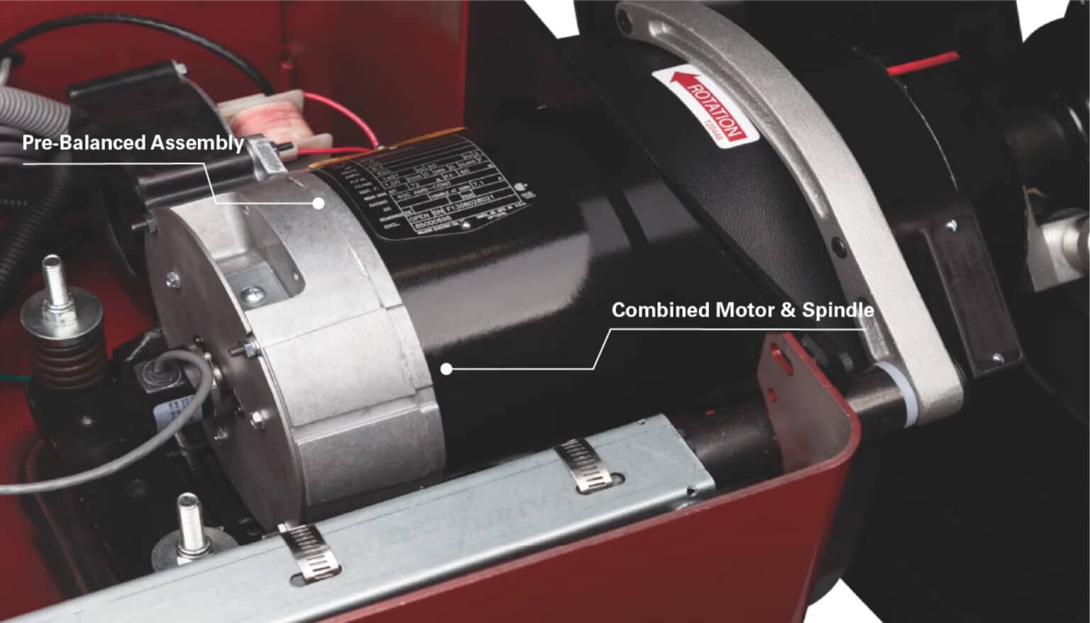 A Coats direct drive motor with callouts that say “prebalanced assembly,” and “combined motor spindle