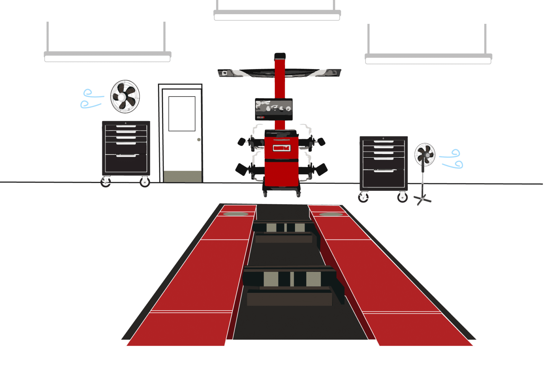 Vector drawing of a Coats Aligner in front of a red, empty, surface mount alignment rack in a shop.