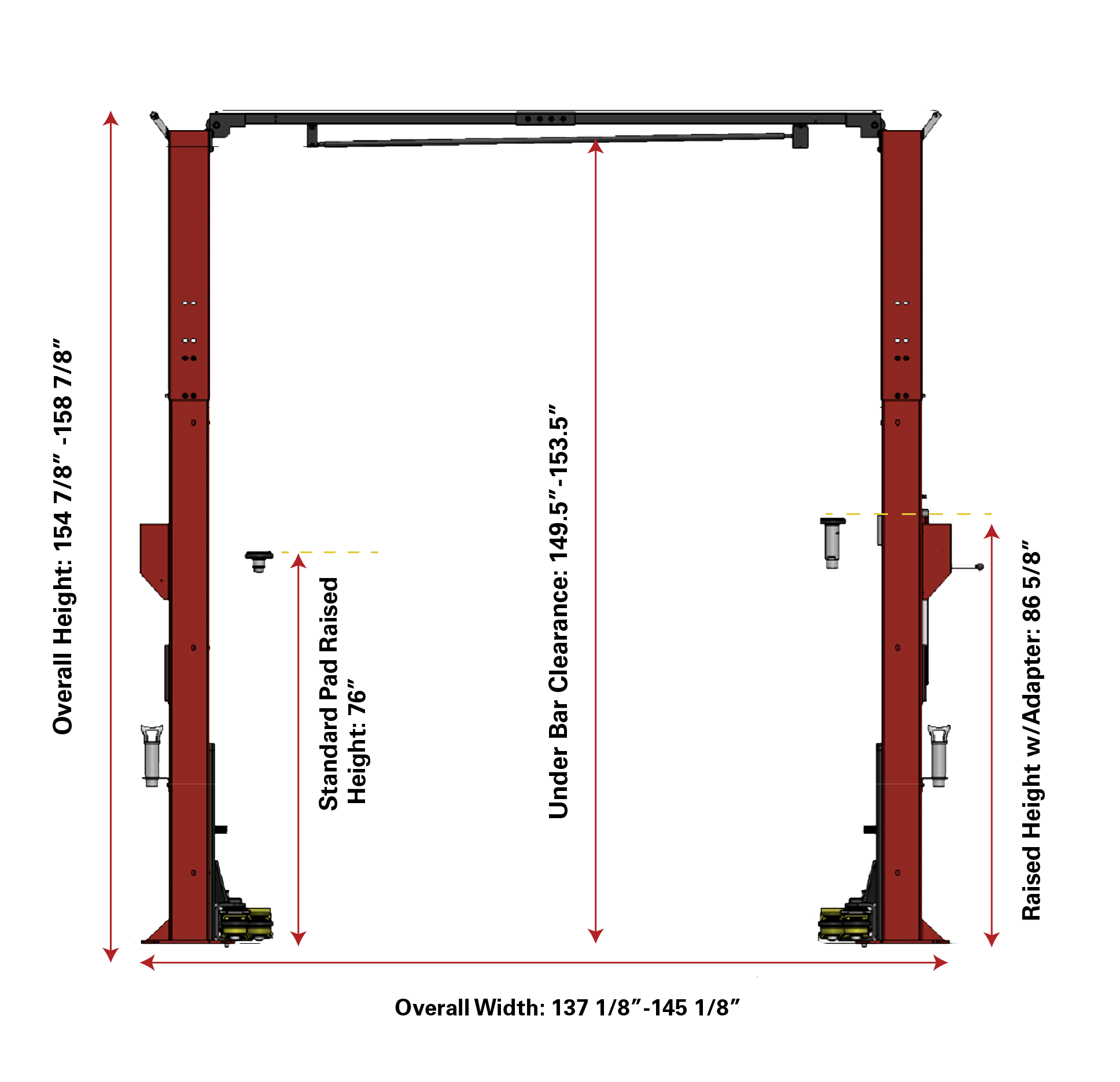A color CAD drawing showing the width, depth, and height dimensions of a standard Coats 12K two post lift