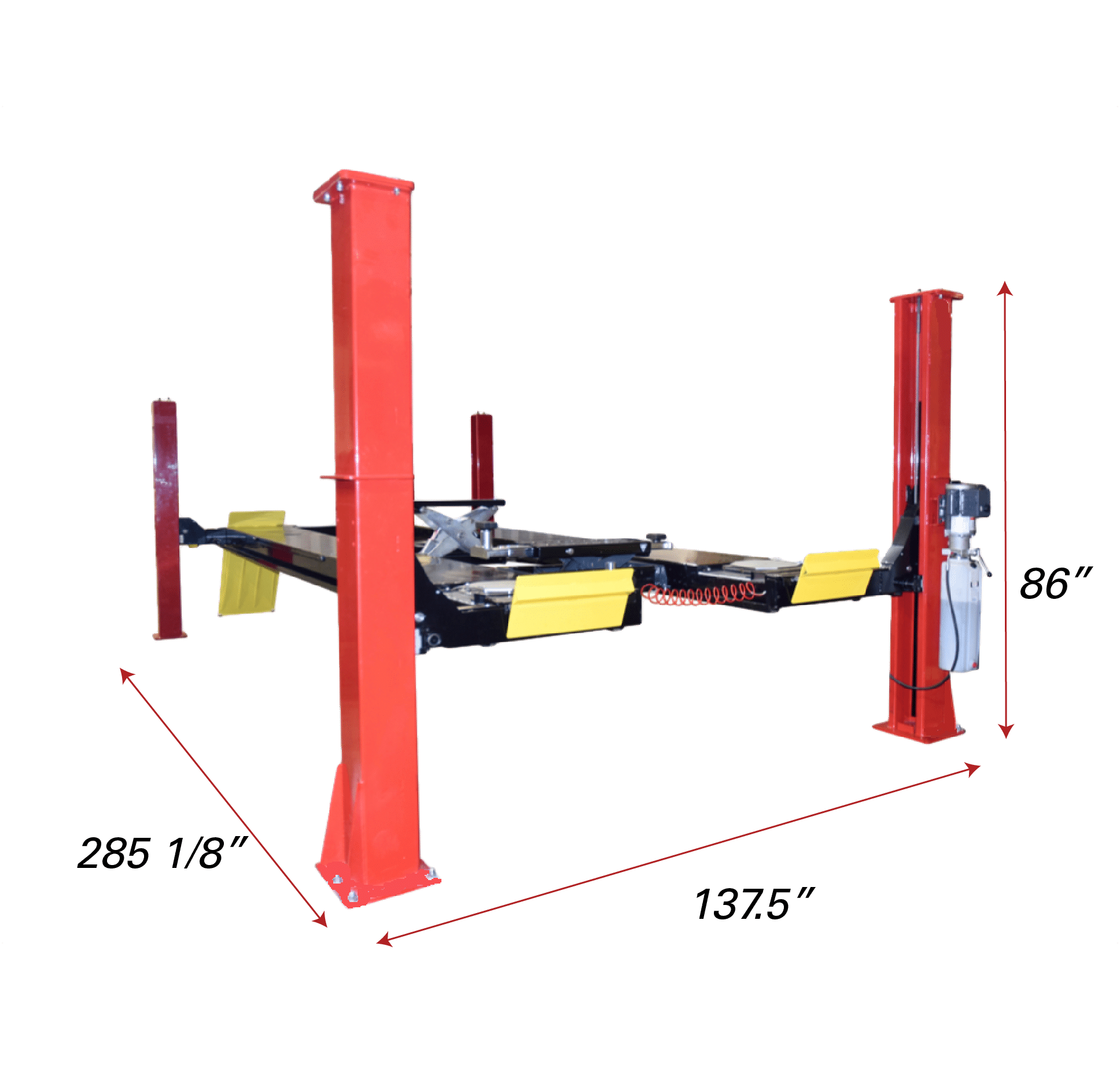 Red lines ending in arrows span the dimensions of the height, width, and length of the 15K four post lift to show product footprint