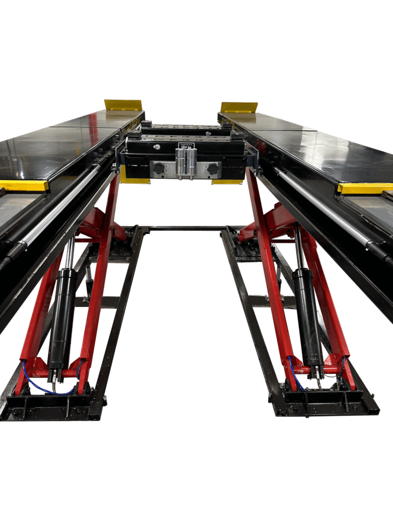 Front view of the two lift runways of a black Coats alignment scissor lift