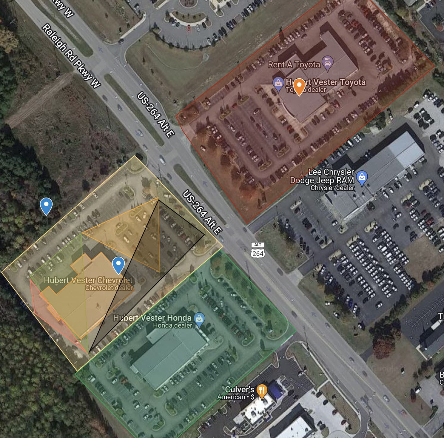 An aerial view map with color coded zones and location markers to indicate geofenced areas in car dealership.