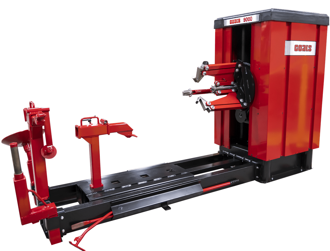 Red heavy duty tire changer with a large clamping chuck and levers in front of the chuck