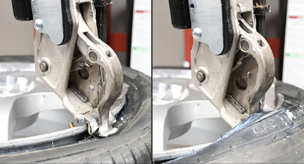 The leverless bead lifter hooks under a tire and lifts it up and away from the wheel
