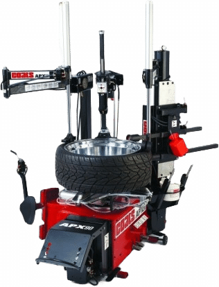 A hero shot of a red APX tire changer with a black wheel lift and a large tire assembly on the tabletop