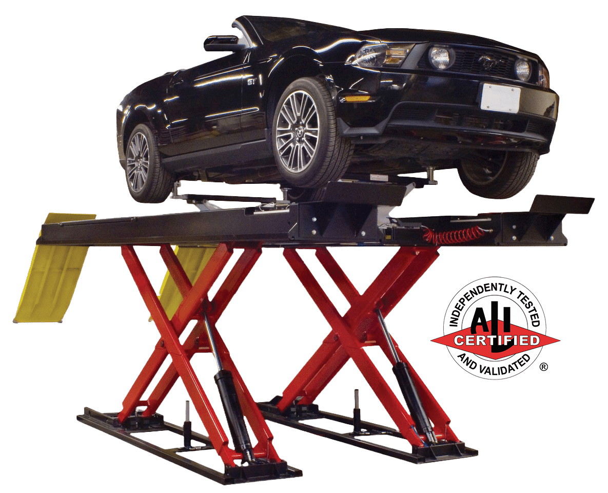 A black convertible is raised on a black and red Coats 14K alignment scissor lift with a white and red logo on the right that says “ALI Certified”