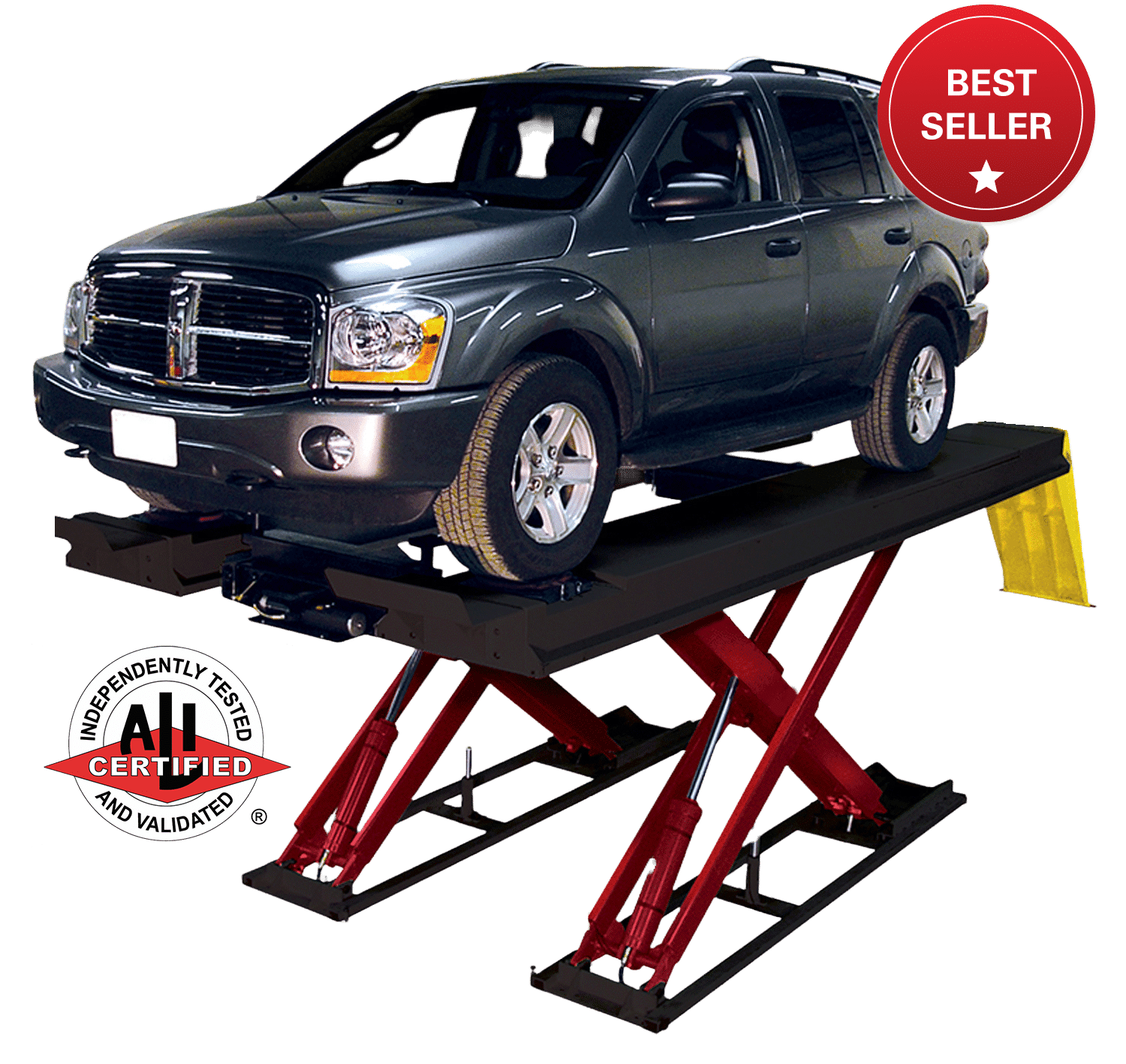 A black SUV is raised on a black and red Coats 16K alignment scissor lift with a white and red logo that says “ALI Certified” and a 