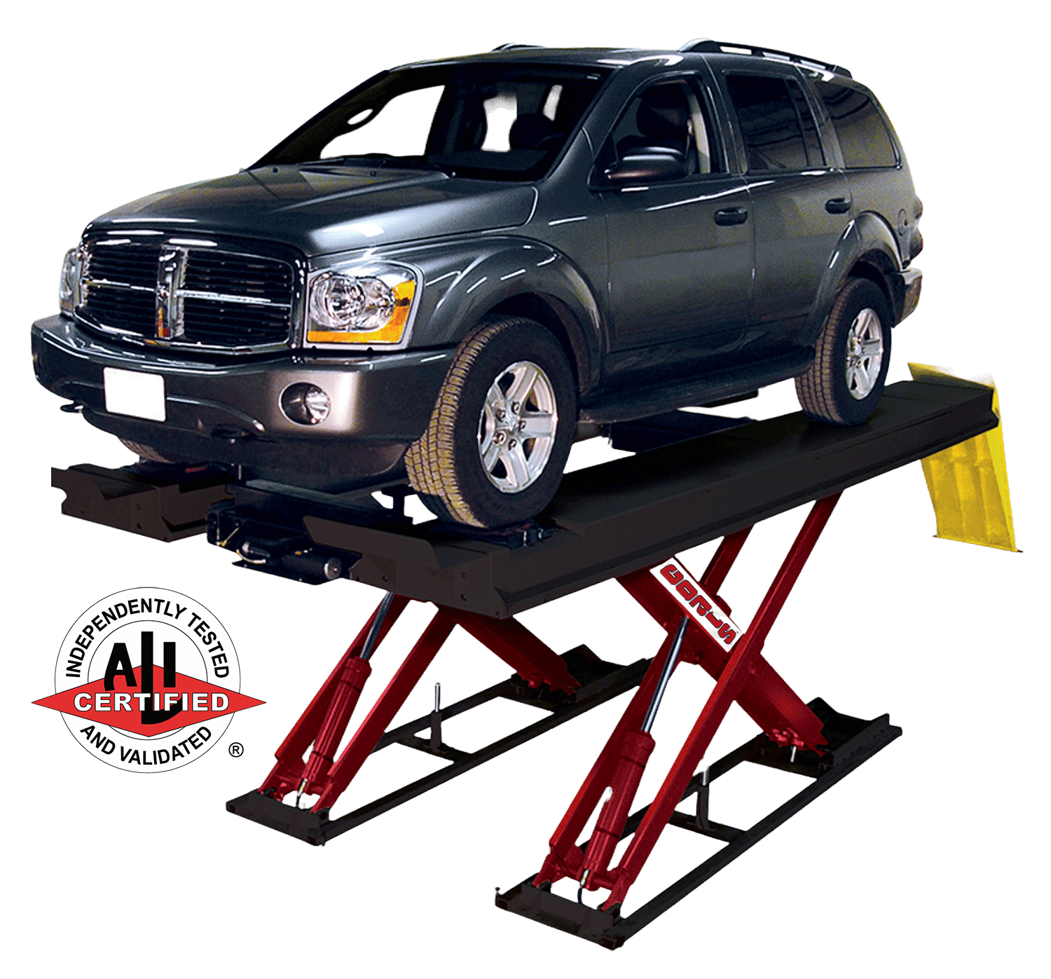 A black SUV is raised on a black and red Coats 16K alignment scissor lift with a white and red logo that says “ALI Certified”