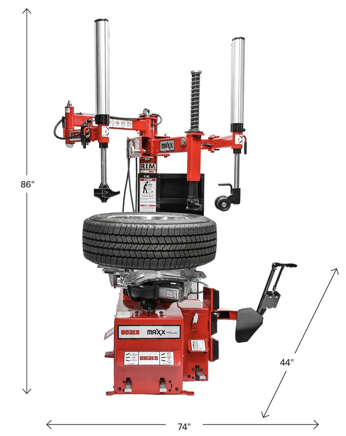 Front diagram of a Maxx 90 showing height, width, and length, dimensions