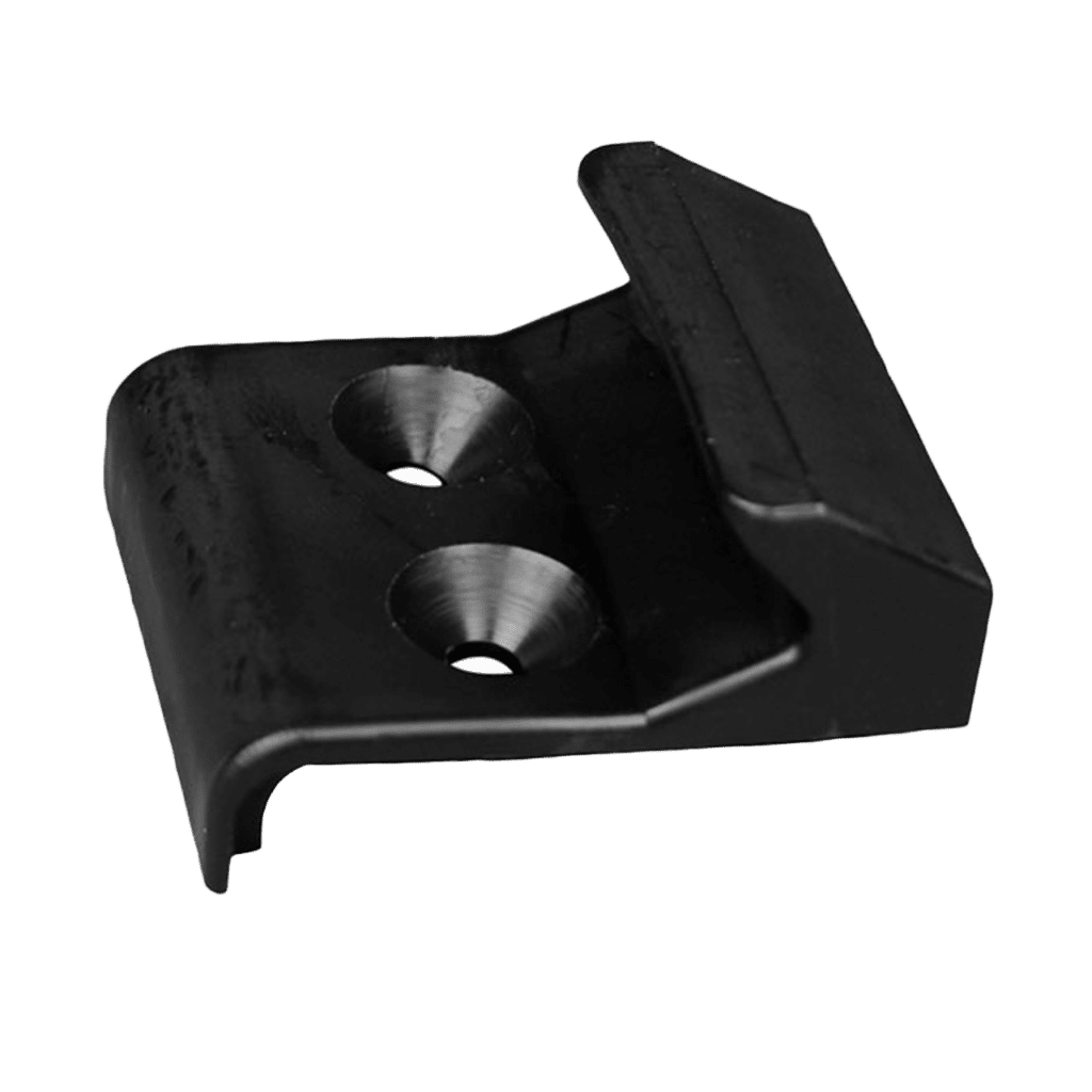 Black, protective plastic piece with 2 holes for fasteners