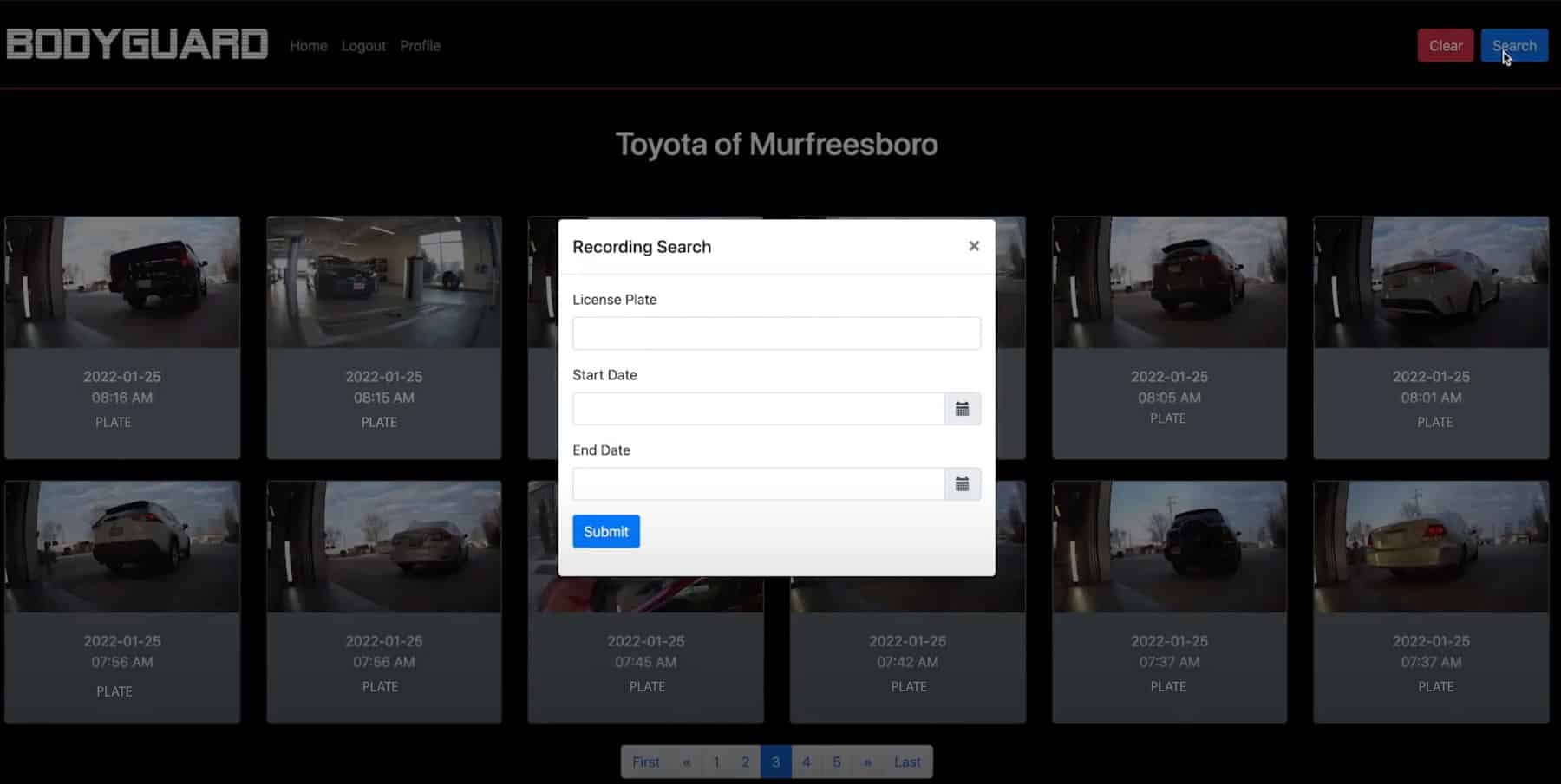 A desktop view of the Bodyguard interface shows the ability to search camera recordings by typing in license plate information and dates.
