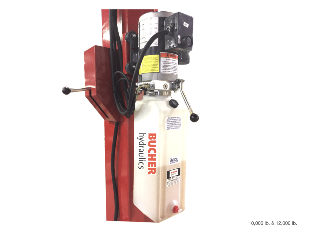 The power unit has a hydraulic fluid container mounted on the lift post with black, rubber cylinder grommets.