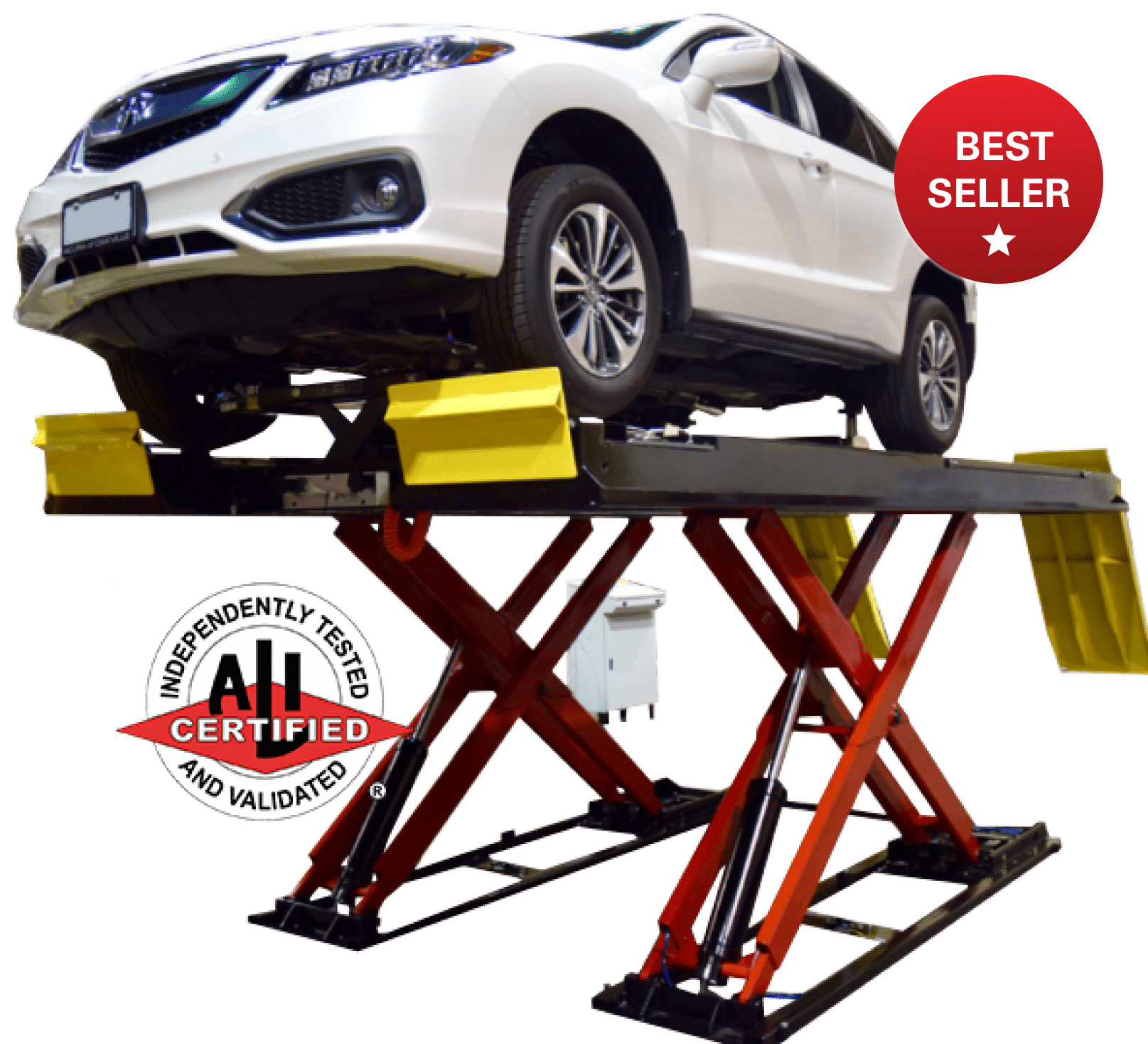 A white suv sits on a coats alignment scissor lift. A 