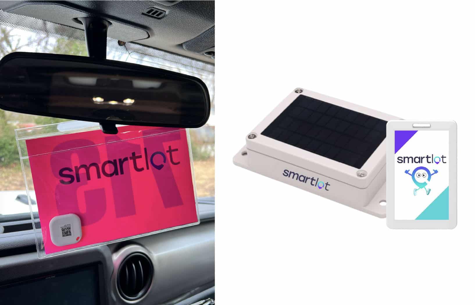 On the left, a plastic sleeve saying “Smart Lot” hangs from a car with a small, white smart tag sensor in the sleeve. On the right is the Smart Lot sensor that looks like a handheld rectangular box with the “Smart Lot” logo on the rim
