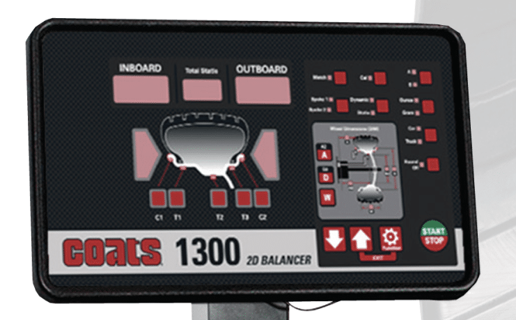 The Coats Wheel Balancer 1300 screen view shows the inboard and outboard for the balancing data.