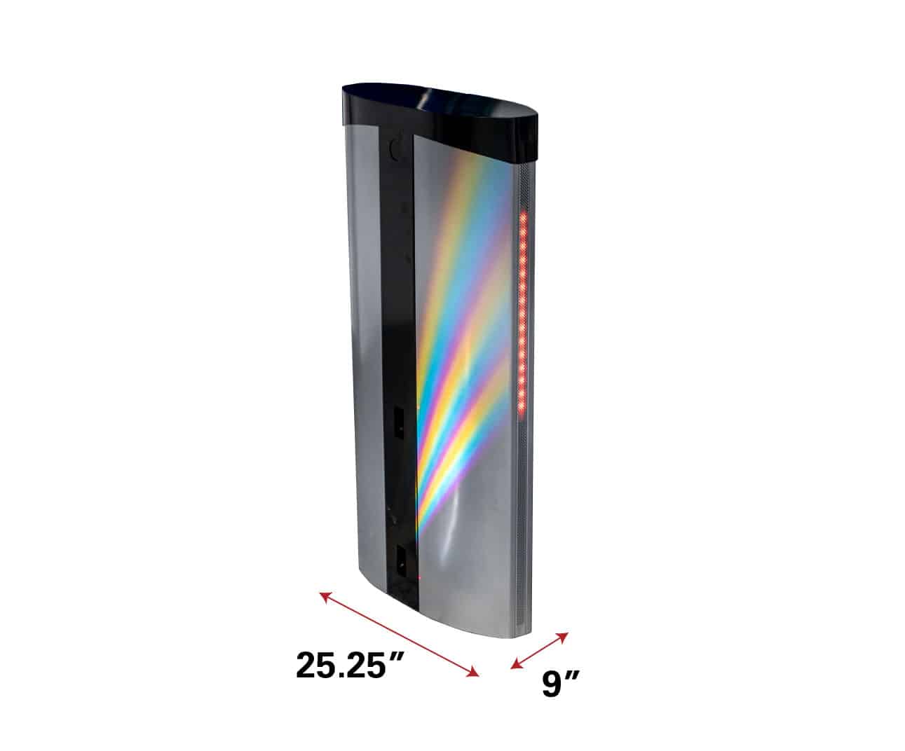 The footprint of a single alignment tower is 25.25 inches long and 9 inches wide, taking up relatively little floor space. The tower is silver and black