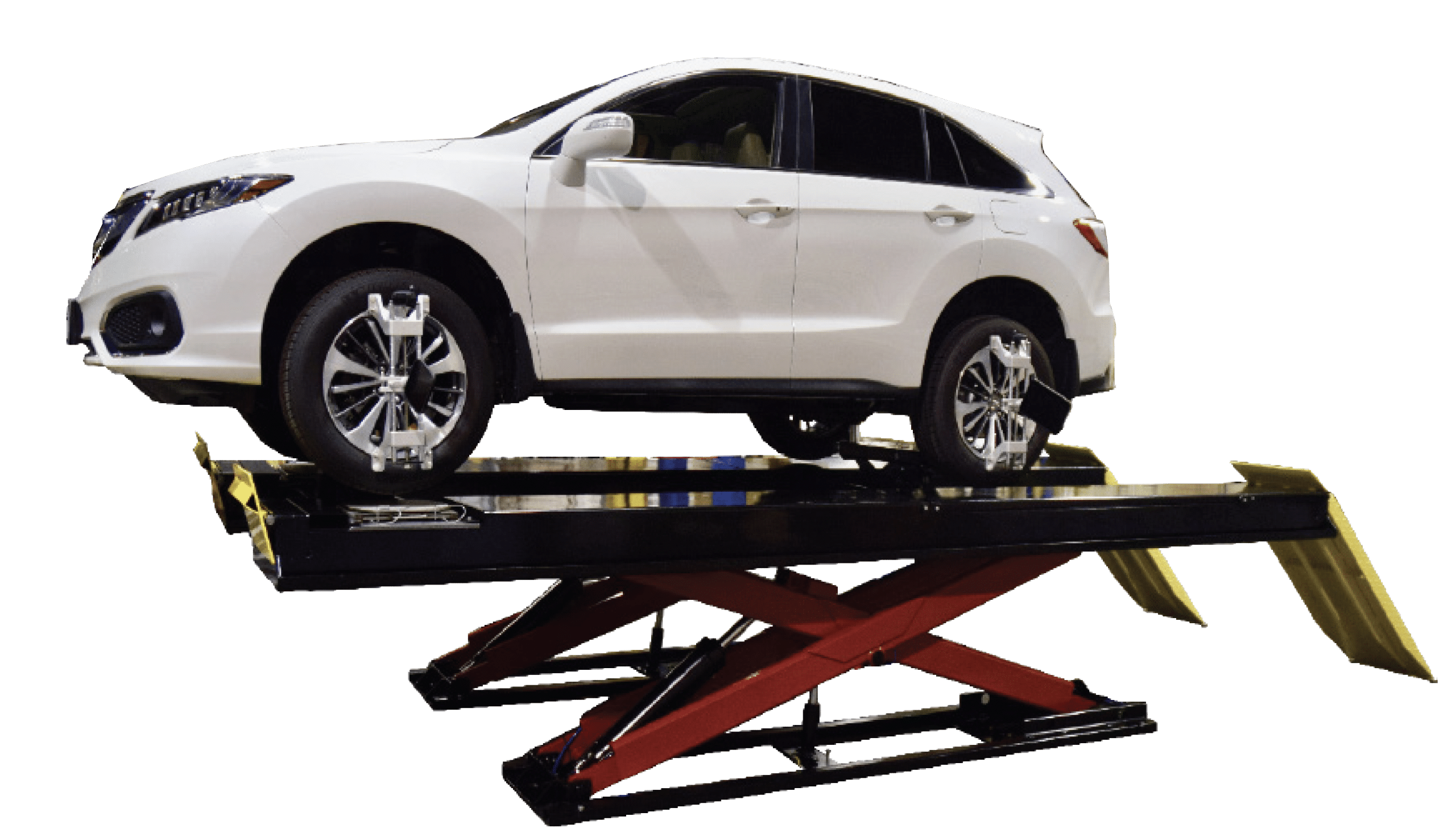 A white SUV is on the runway of a raised Coats Alignment Scissor lift.