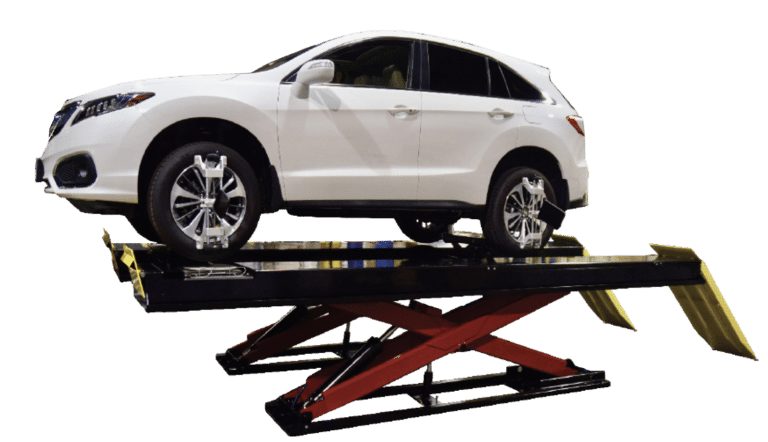 A white SUV is raised on a Coats alignment scissor lift
