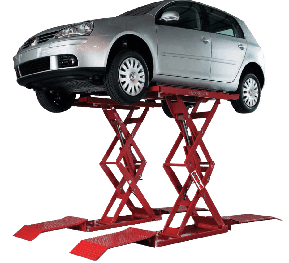 A grey sedan is lifted by its underside on a red Coats dual scissor lift