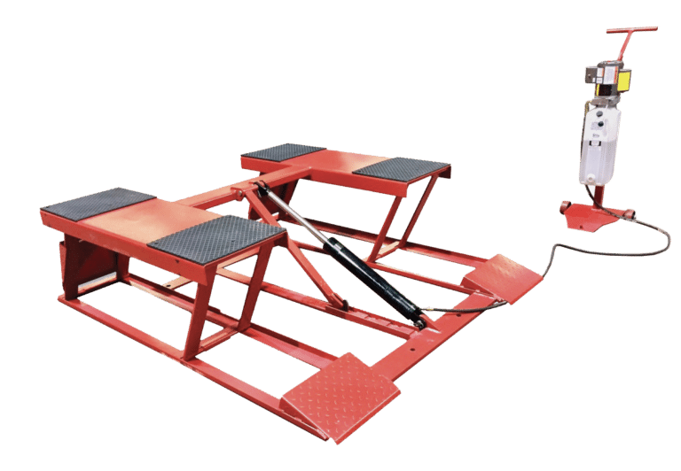 Black and red low rise scissor lift