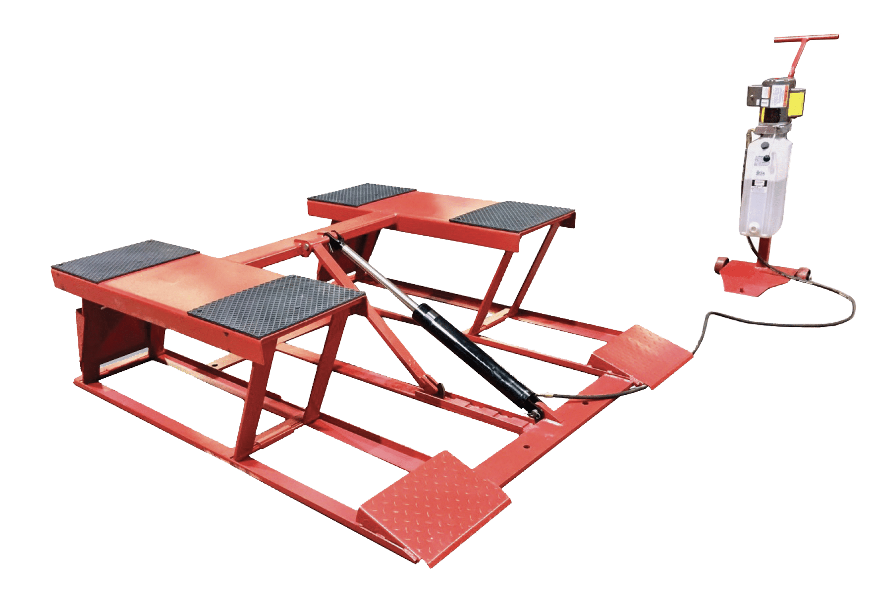 Black and red low rise scissor lift