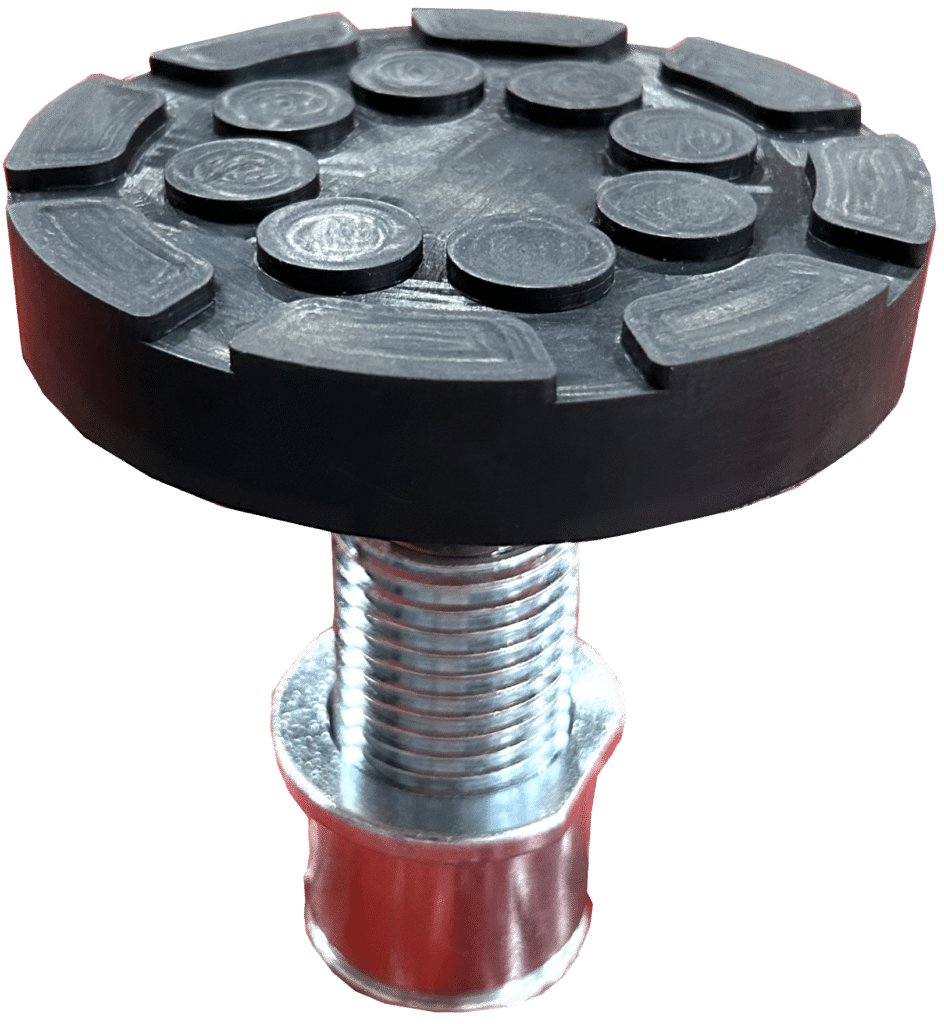 A screw in adapter with a black rubber pad meant for electric vehicles serviced on 2 post lifts