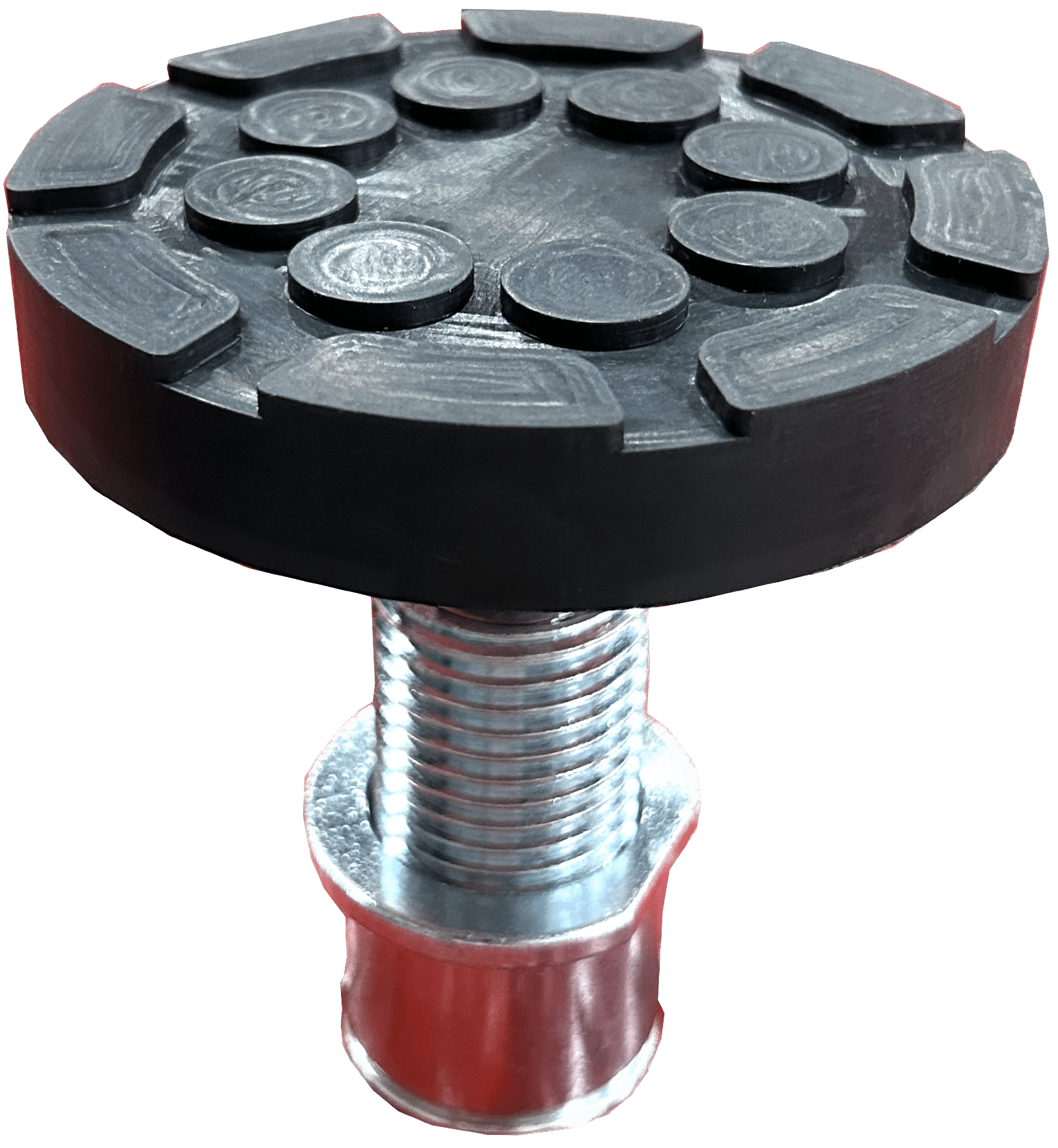 A screw in adapter with a black rubber pad meant for electric vehicles serviced on 2 post lifts