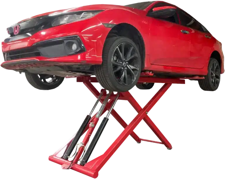 A red honda is lifted on a red, single cylinder, Coats Mid Rise Scissor Lift