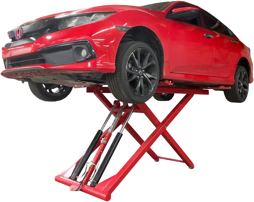 A red honda is lifted on a red, single cylinder, Coats Mid Rise Scissor Lift