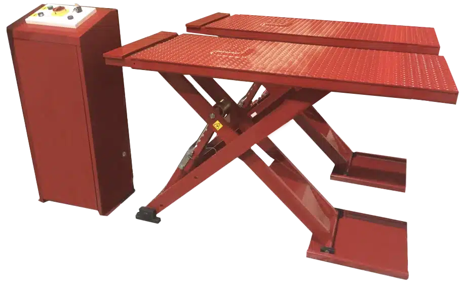 red 6.6K mid rise scissor lift in the raised position