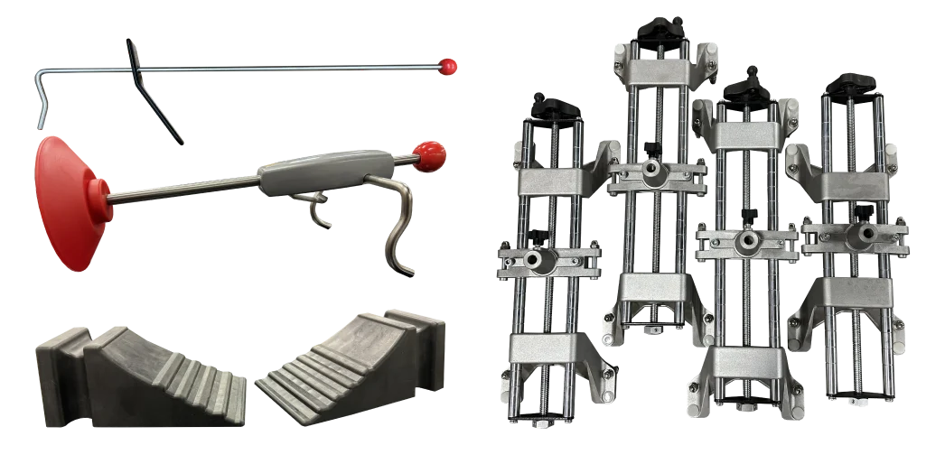 CWA 6000 included accessories: brake depressor, steering wheel holder, 2 wheel chucks, and 4 steel traditional clamps